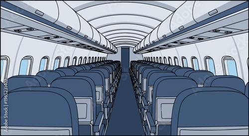 Interior of an empty passenger airplane cabin with rows of blue seats