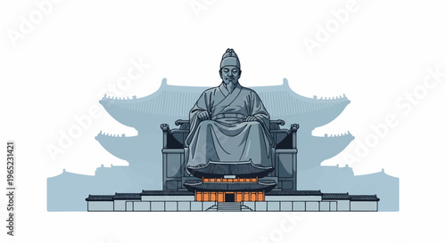 Pixel art statue of a seated ruler before a multi-tiered pagoda