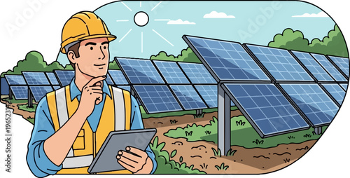 Technician contemplates solar farm operations under a bright sun