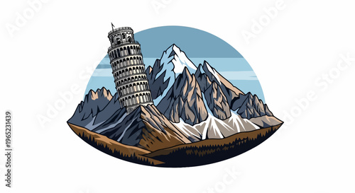 Leaning tower on snowy mountain peak under a clear sky