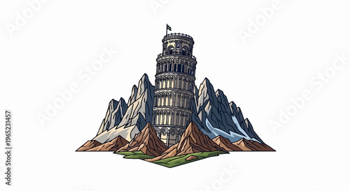 Leaning tower on a mountainous island with green grass