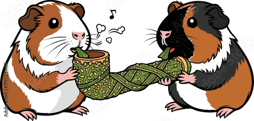 Two cute guinea pigs sharing a healthy snack pipe filled with seeds and grass