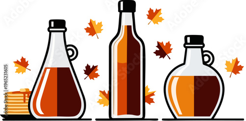 PrintCollection of three distinct maple syrup containers showcasing amber liquid alongside a small stack of pancakes and falling autumn leaves