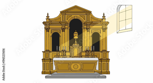 Ornate altar with candles, tabernacle, and a window casting light