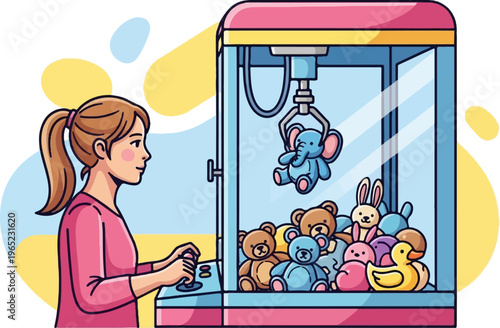 Young woman playing a claw machine filled with stuffed toys