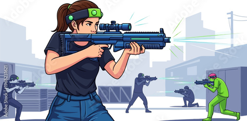 Young woman aiming laser gun in urban game, battling opponents
