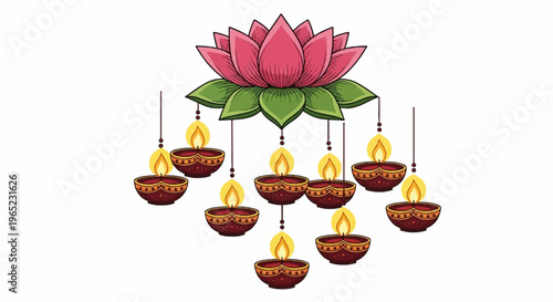 Decorative lotus with hanging oil lamps, illuminated with vibrant flames
