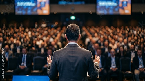 A business leader speaks to a large audience in a conference hall. Professional setting with focused atmosphere.