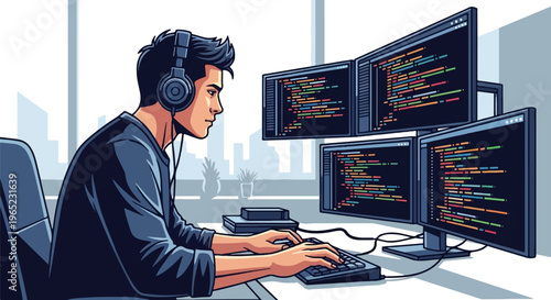Young programmer wearing headphones, focused on multiple coding screens