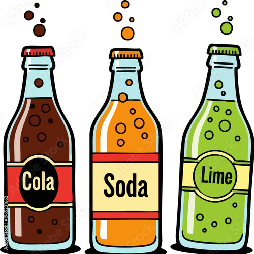 PrintThree vibrant cartoon soda bottles, each with a unique label and effervescent bubbles rising from their fizzy contents, creating an appealing graphic representation of diverse soft drinks.