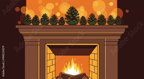 Cozy fireplace with burning logs and pinecones on mantel, warm glow background