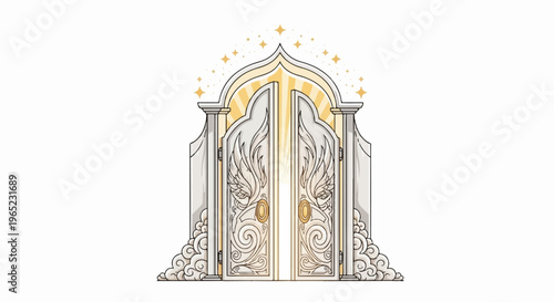 Ornate, stylized gates, adorned with feathered wing motifs and golden accents, bathed in celestial light