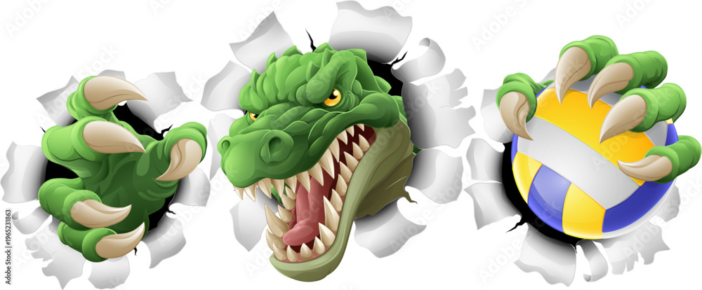 Obraz premium An alligator, crocodile or dinosaur volleyball animal sports mascot holding a volley ball in his claw