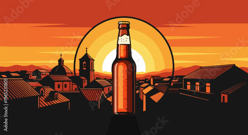 Pixel art beer bottle in front of a sunset over a town