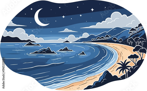 Pixel art crescent moon over a serene beach at night with gentle waves