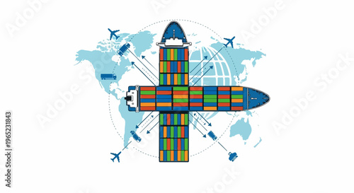 Global shipping and logistics network illustrated with a cargo ship, planes, and trucks
