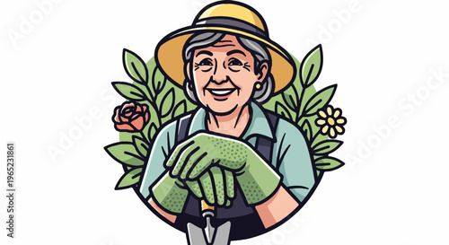 Cheerful elderly woman in a hat and gloves, gardening with a trowel