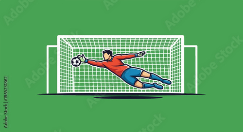 Goalkeeper dives to save a soccer ball in front of a net on a green field