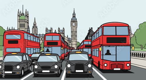 Bustling city street scene with iconic clock tower and red buses