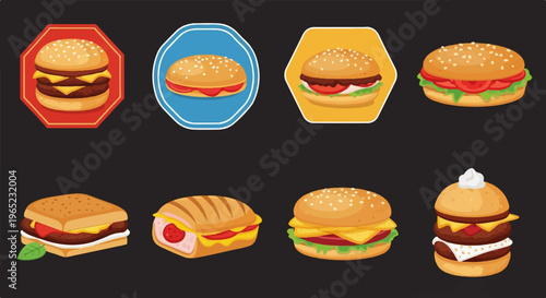 Assortment of eight stylized hamburgers and sandwiches on a dark background
