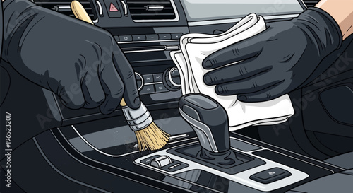 Hands in gloves clean car interior with brush and cloth