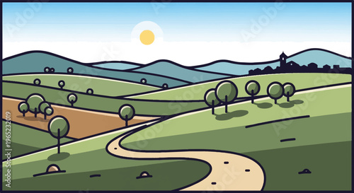 Stylized landscape with rolling hills, scattered trees, a dirt road, and distant village