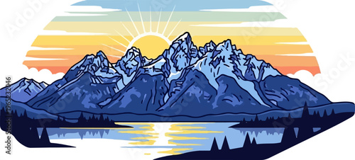 Pixelated mountain range with sunburst over a reflective lake at sunrise