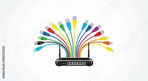 Black router with numerous colorful data cables fanned out