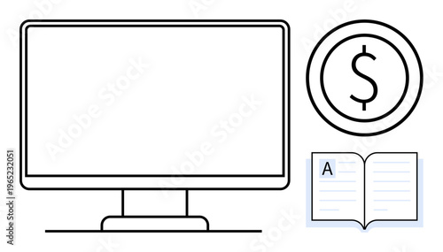 Technology, finance, online learning, business tools, digital economy, career development. Minimalist ion of a computer, dollar symbol and open book. Technology and finance concepts
