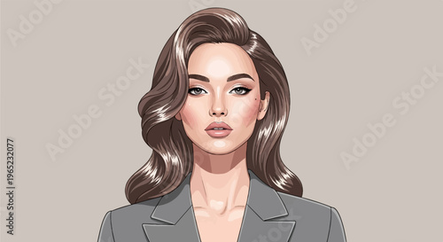 Pixelated portrait of a woman with wavy brown hair in a gray jacket