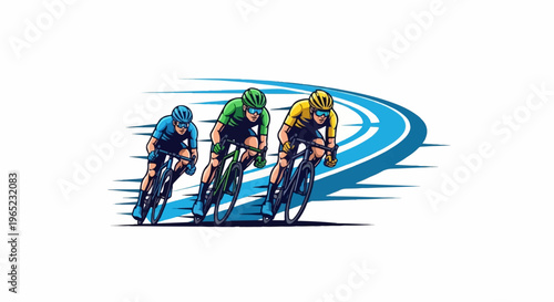 Three cyclists in racing gear speed along a track, blue, green, yellow