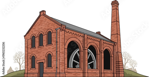 Red brick industrial building with large arched openings revealing machinery and a tall chimney