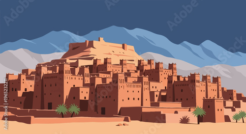 Traditional clay buildings rise against a backdrop of arid mountains