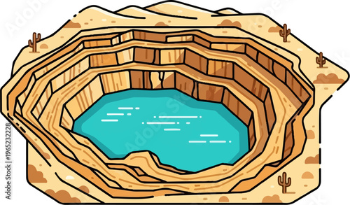 Open-pit mine in a desert landscape filled with a turquoise oasis