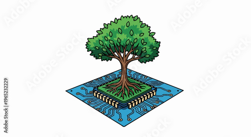 Tree with roots growing from a computer chip on a circuit board