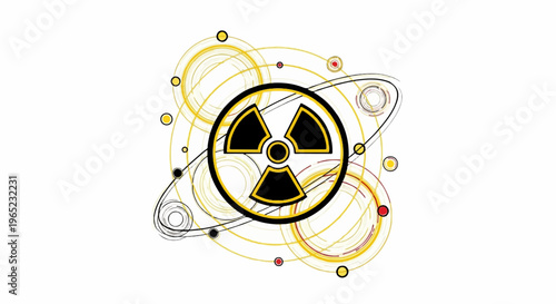 Radiation symbol with orbiting abstract circles and dots