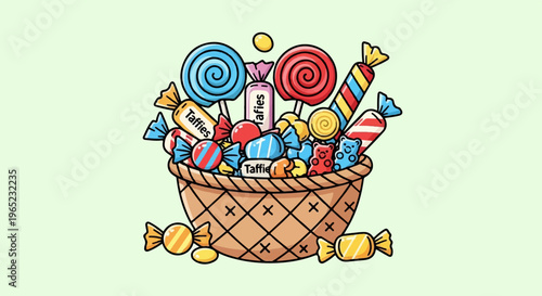 A woven basket overflowing with colorful candies and lollipops