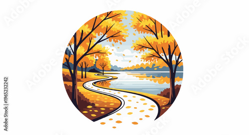 A winding path through an autumnal forest leads to a tranquil lake