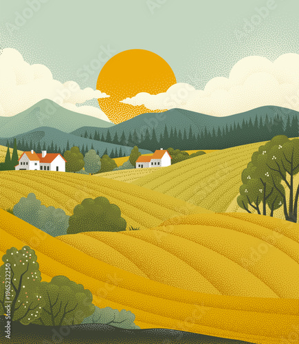 Fields rolling hills and mo...