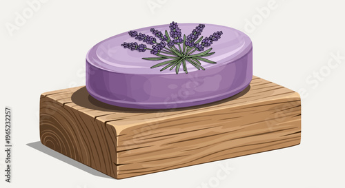 Oval purple bar of soap with lavender sprigs on a wooden block