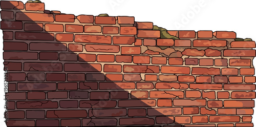 A weathered, crumbling brick wall casting a diagonal shadow