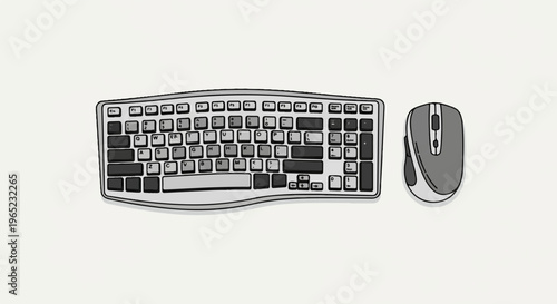 Overhead view of a stylized, cartoonish computer keyboard and mouse on a plain background