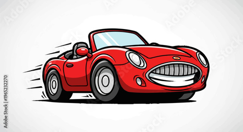 A vibrant red convertible sports car zooms ahead with a wide, toothy grin
