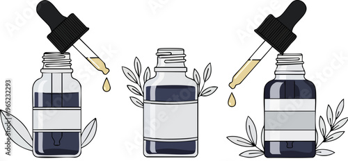 PrintCollection of three cosmetic serum dropper bottles featuring natural botanical elements suggesting premium organic skincare product packaging design