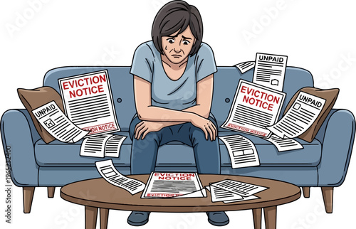 Woman overwhelmed by eviction notices and unpaid bills on couch