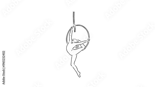 A minimalist line art illustration of a woman performing aerial hoop acrobatics