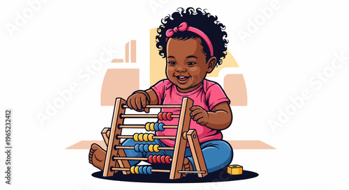 A smiling baby girl with curly hair plays with an abacus
