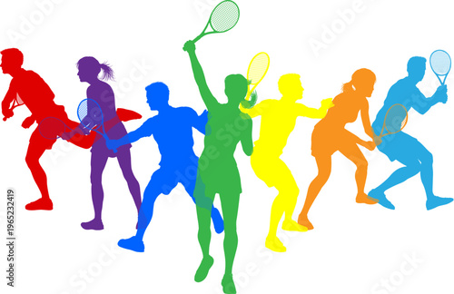 Silhouette Tennis players set. Active sports people healthy players fitness silhouettes concept.