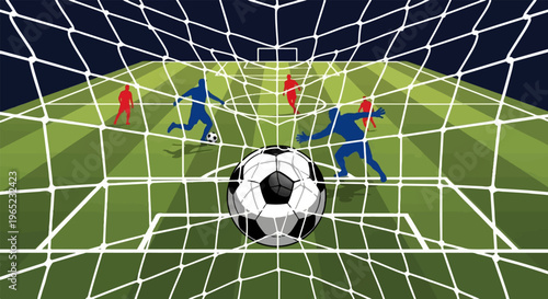 A soccer match viewed through the goal net with players in red and blue, ball in focus