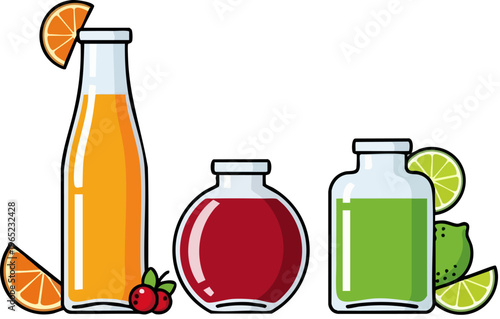 PrintA vibrant digital illustration showcases three stylish glass bottles filled with assorted fresh fruit juices, featuring bright orange, deep red cranberry, and refreshing green lime, each perfectl